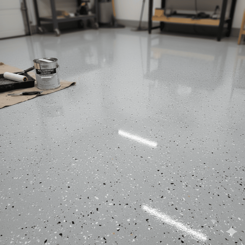A freshly finished epoxy coated garage floor. Epoxy chemicals and workbenches are visible in the background, reflecting the clean, glossy surface.