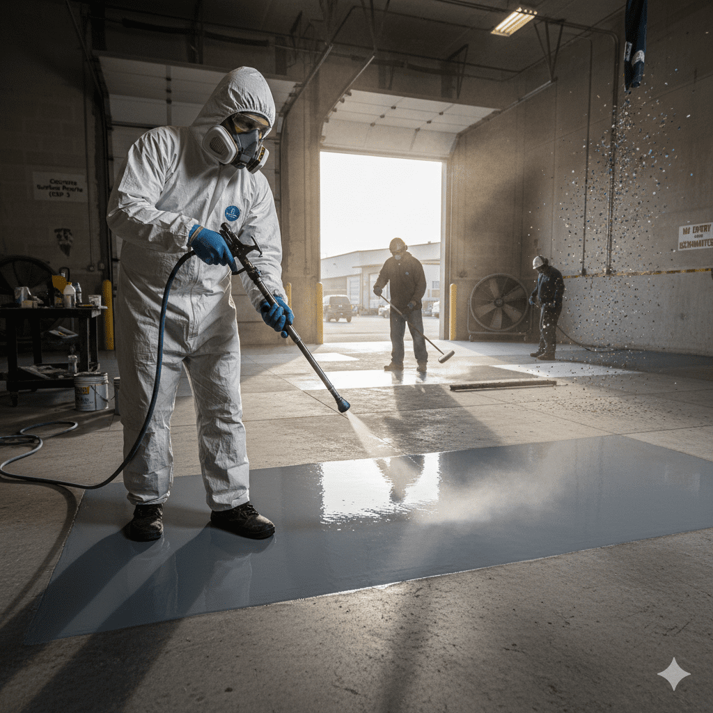 Worker in protective gear and a respirator uses a spray gun to coat the floor in a industrial setting.