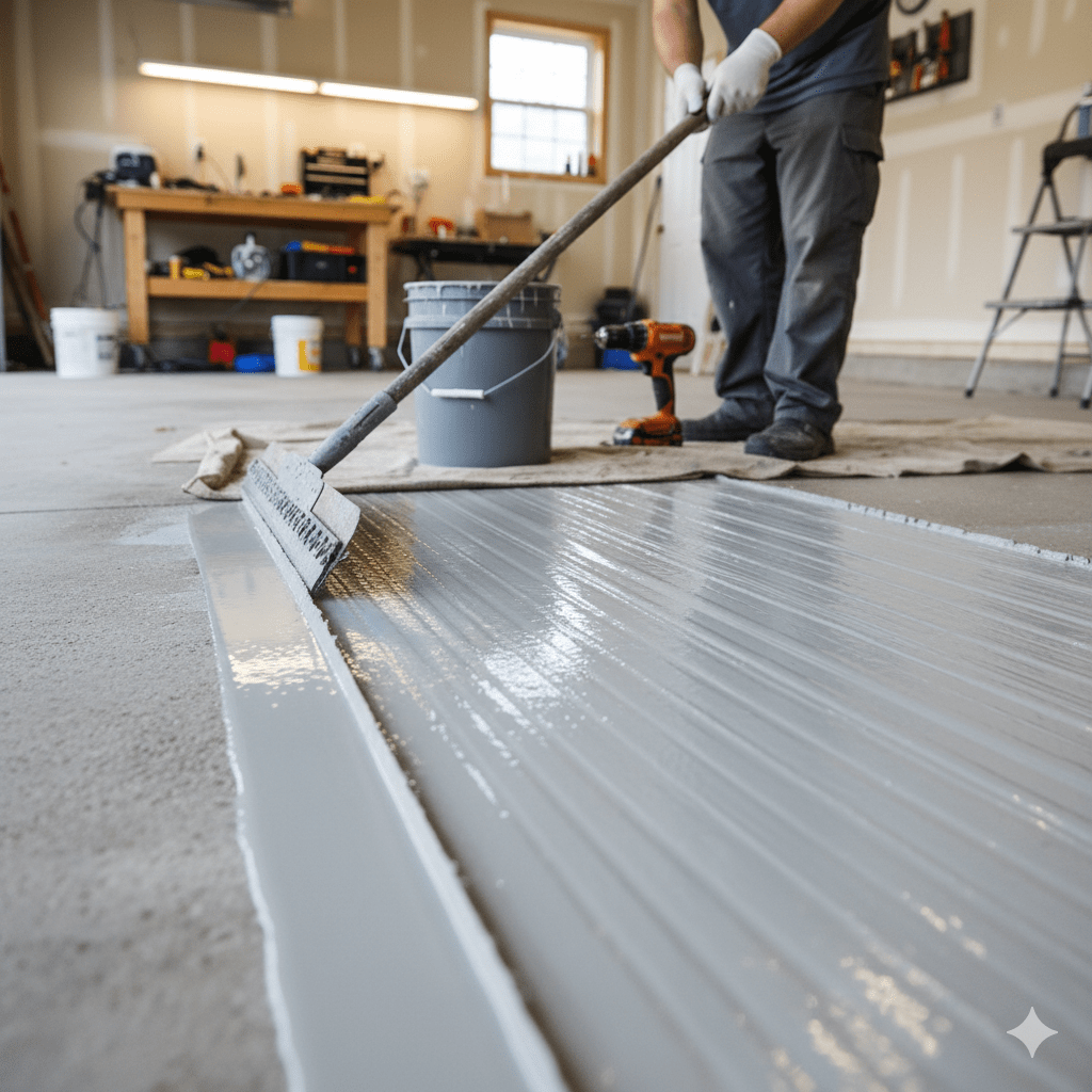 Worker with gloves using an epoxy leveler application tool in a garage.